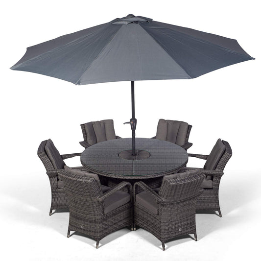 Arizona Luxury 6 Seater Grey Rattan Dining Set with Ice Bucket Drinks Cooler | Outdoor Poly Rattan Garden Table & Chairs Set with Parasol & Cover